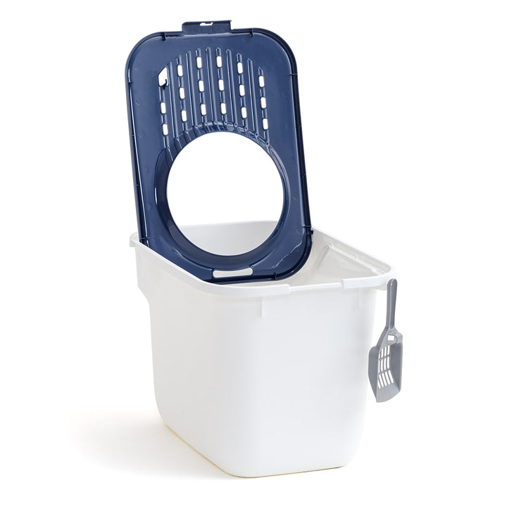 Top Entry Cat Litter Box with Litter Catching Grated Lid & Scoop, White/Navy Blue - IRIS USA, Inc.