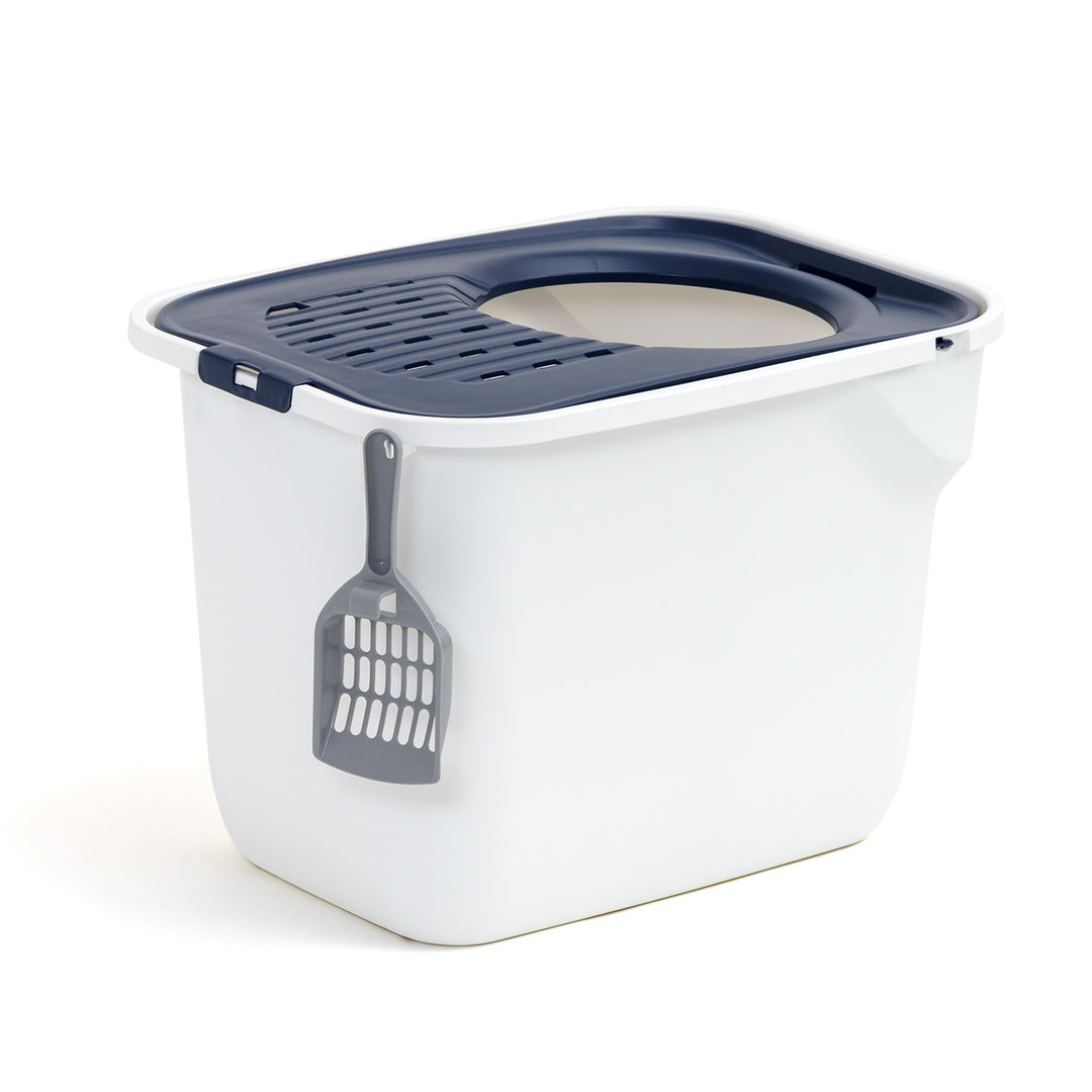 Top Entry Cat Litter Box with Litter Catching Grated Lid & Scoop, White/Navy Blue - IRIS USA, Inc.