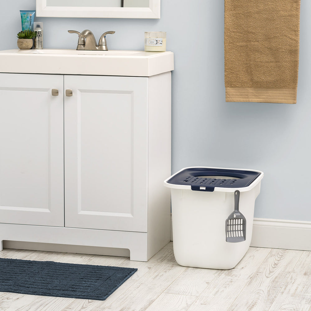 Top Entry Cat Litter Box with Litter Catching Grated Lid & Scoop, White/Navy Blue - IRIS USA, Inc.
