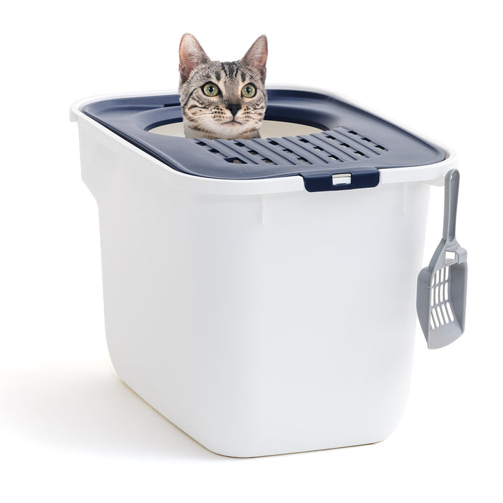 Top Entry Cat Litter Box with Litter Catching Grated Lid & Scoop, White/Navy Blue - IRIS USA, Inc.