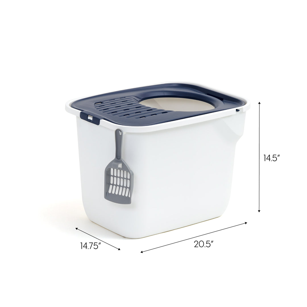 Top Entry Cat Litter Box with Litter Catching Grated Lid & Scoop, White/Navy Blue - IRIS USA, Inc.