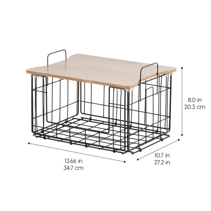 Collapsible Square Wire Basket Storage with Wooden Lid, 2 Pack