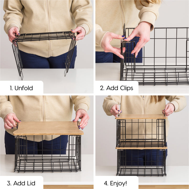 Collapsible Square Wire Basket Storage with Wooden Lid, 2 Pack