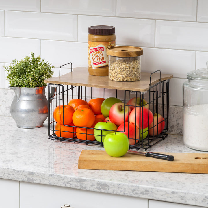 Collapsible Square Wire Basket Storage with Wooden Lid, 2 Pack