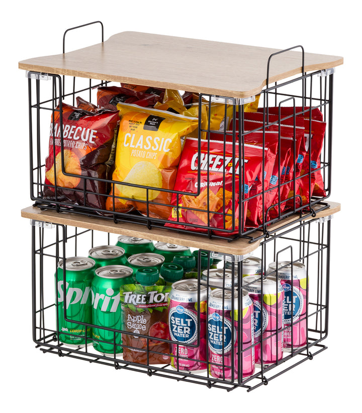 Collapsible Square Wire Basket Storage with Wooden Lid, 2 Pack