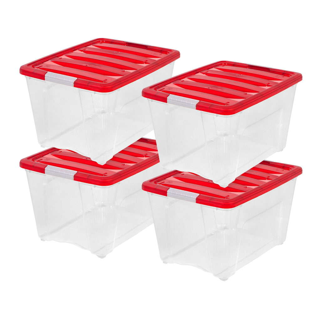 54 Qt. Stackable Holiday Storage Bin with Lid - 4 pack -, Clear/Red - IRIS USA, Inc.