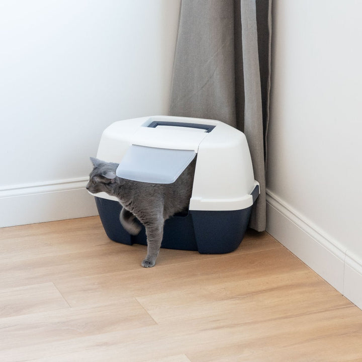 Hooded Corner Litter Box - Large, Navy - IRIS USA, Inc.