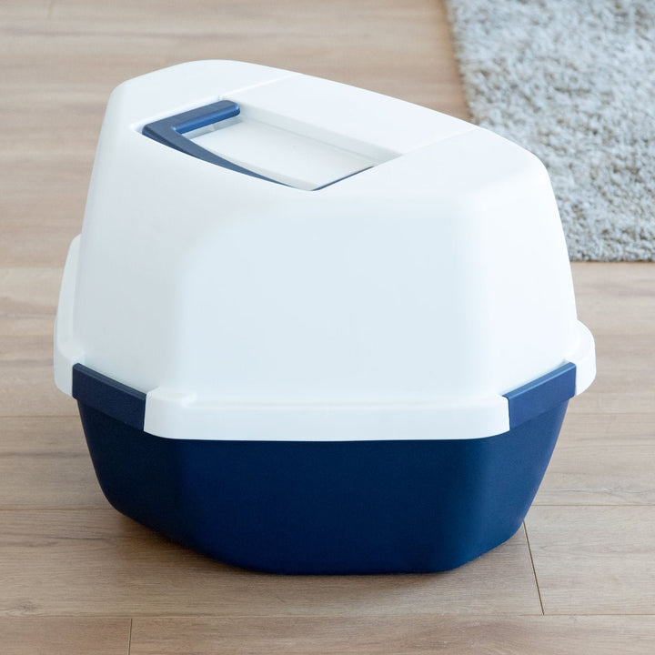 Hooded Corner Litter Box - Large, Navy - IRIS USA, Inc.