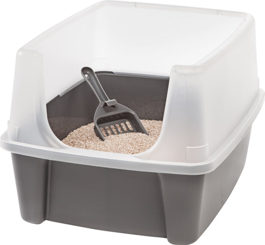 Open-Top Cat Litter Box with Shield and Scoop, Dark Gray - IRIS USA, Inc.