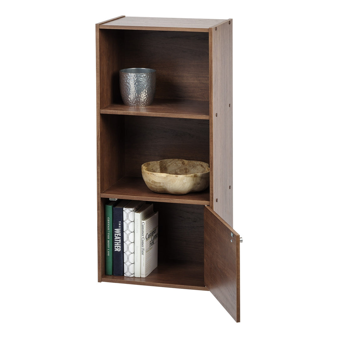 3 tier wood storage shelf with door propped